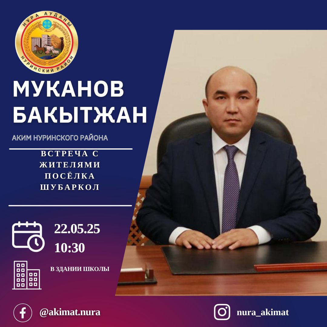 Аким района Бакытжан Муканов 22 мая 2025 года проведёт встречи с жителями следующих сёл