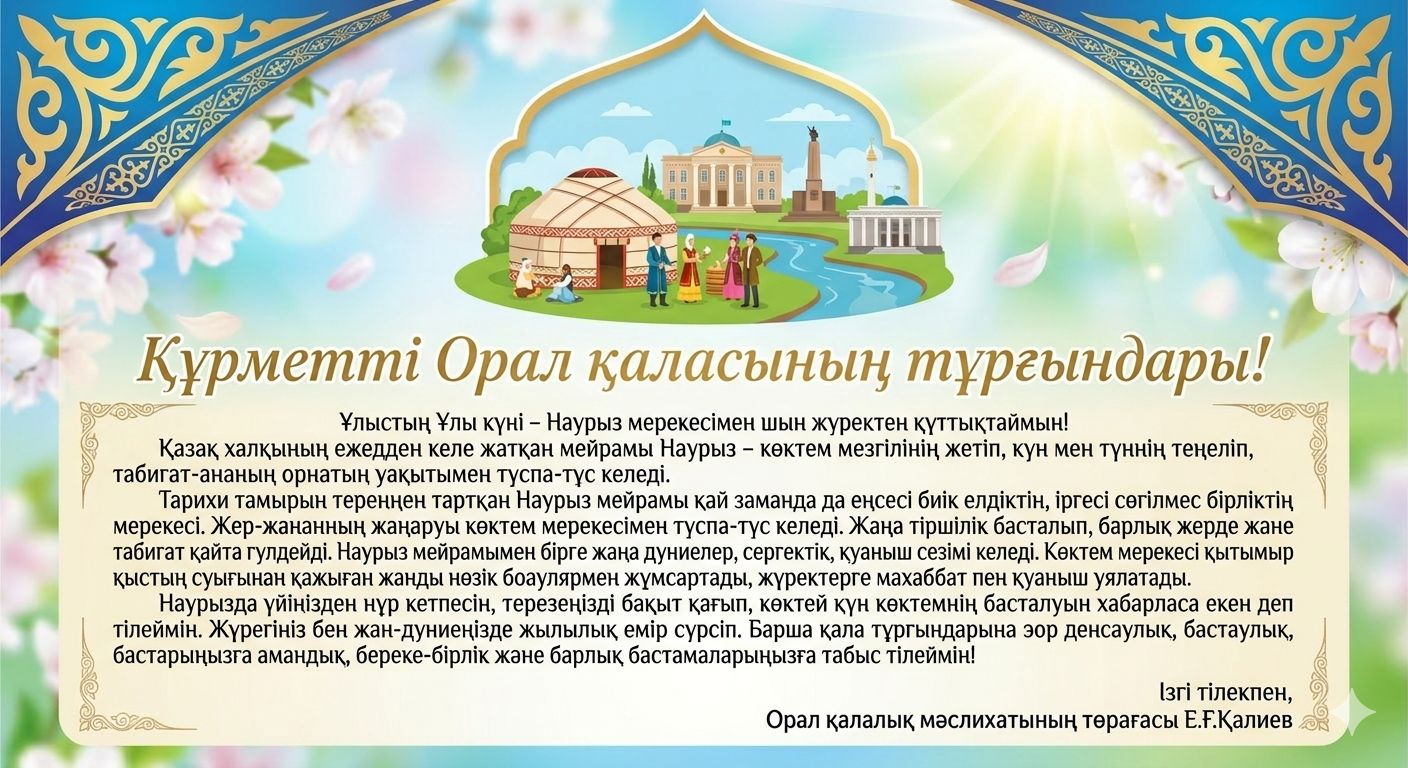 Құрметті Орал қаласының тұрғындары!  	Ұлыстың Ұлы күні – Наурыз мерекесімен шын жүректен құттықтаймын!