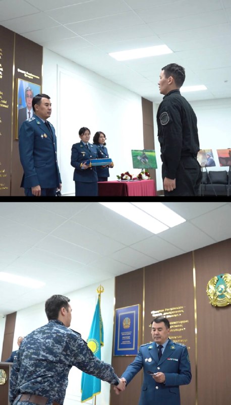 Начальник Департамента полиции области Абай в торжественной обстановке вручил первые специальные звания молодым сотрудникам