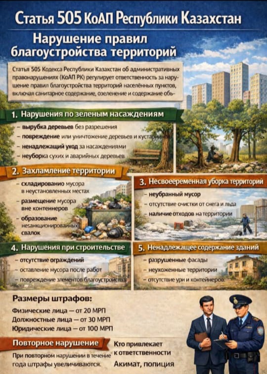 Статья 505 КоАП Республики Казахстан нарушение правил благоустройства территорий
