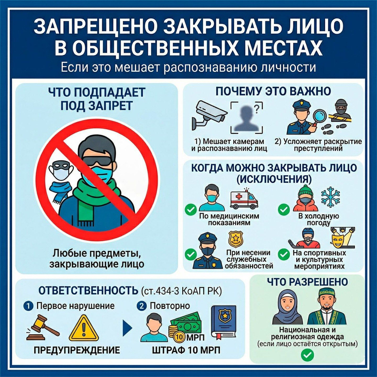 В общественных местах запрещено закрывать лицо одеждой, если это мешает распознаванию личности