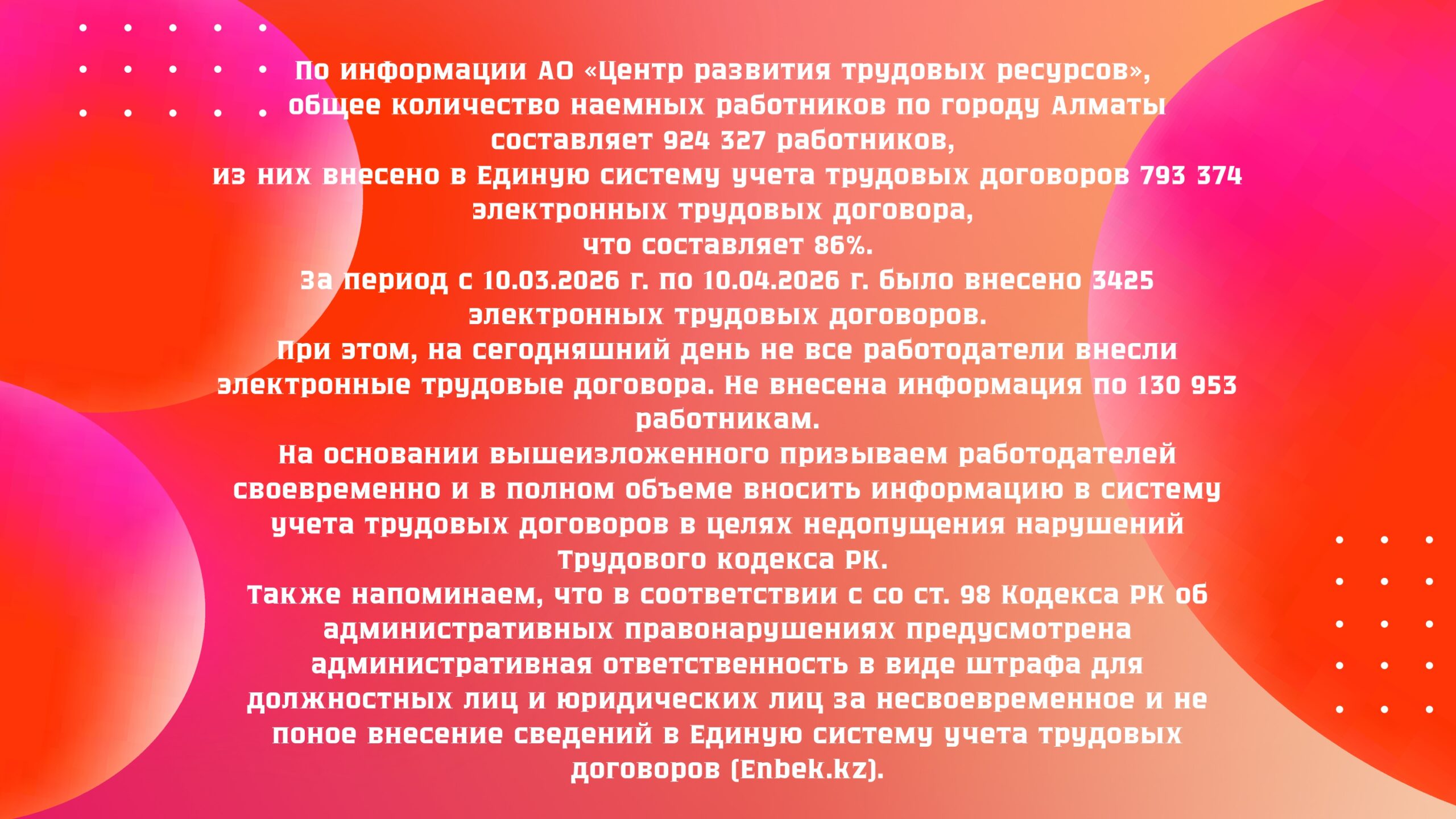 Информация о наемных работников по городу Алматы