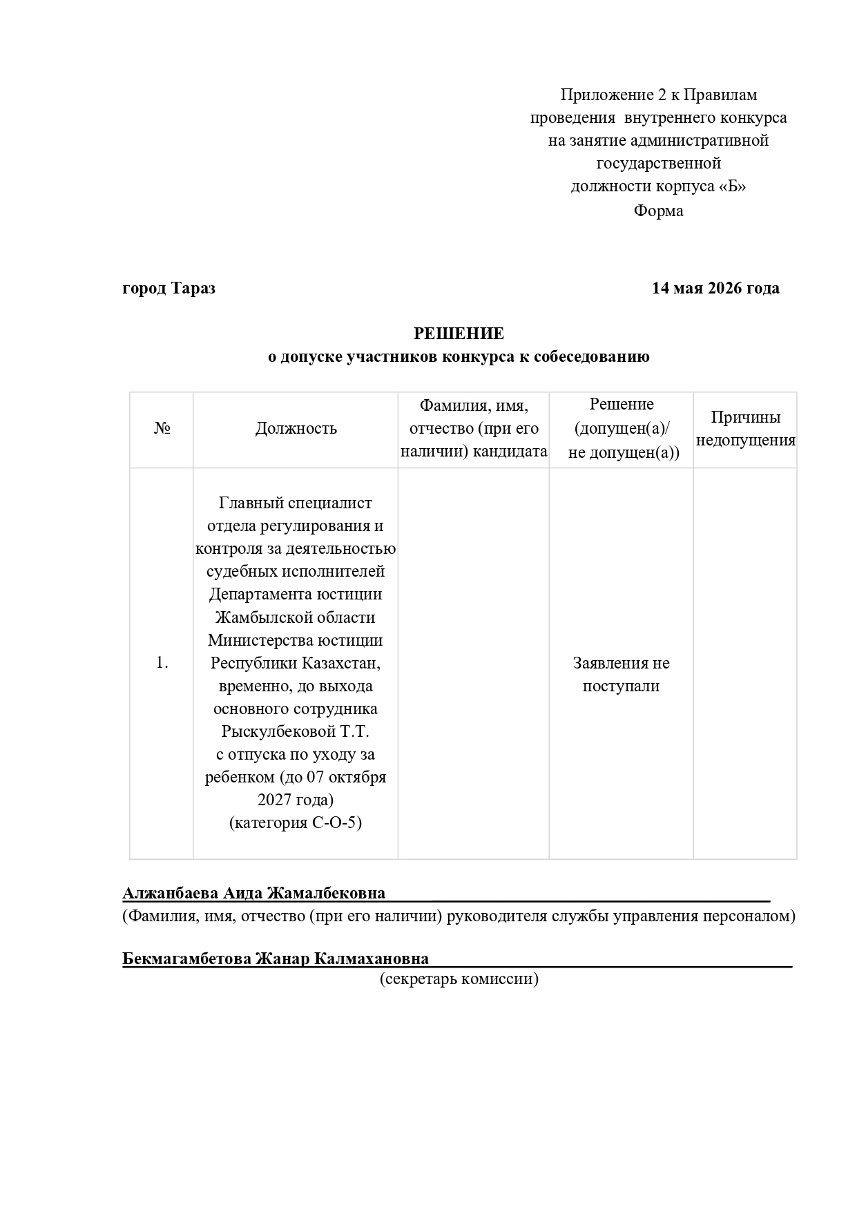 Внутренний конкурс среди государственных служащих органов юстиции не состоявшимся, в связи с отсутствием кандидатов, сдавших документы на занятие вакантной должности.