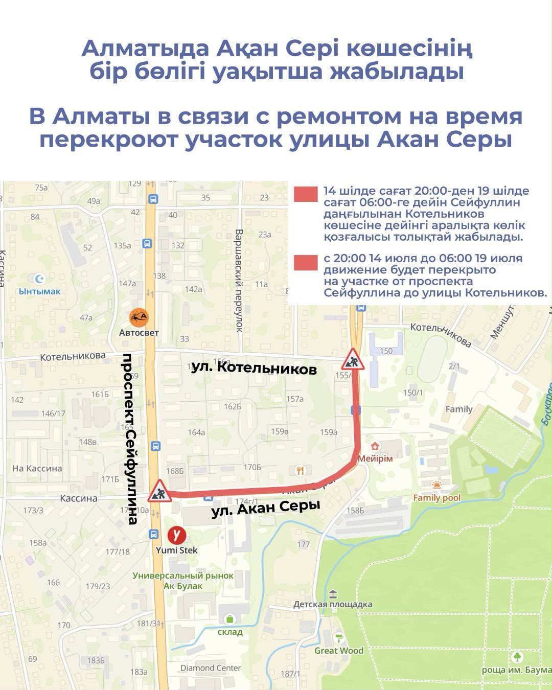 В Алматы в связи с ремонтом на время перекроют участок улицы Акан Серы