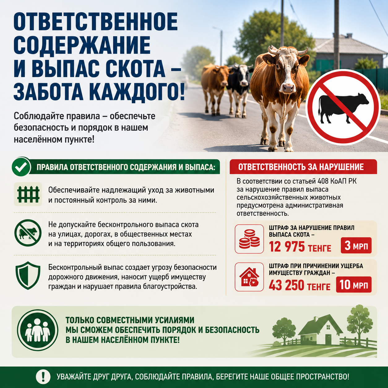 Уважаемые жители сельского округа соблюдайте правила содержания и выпаса скота!