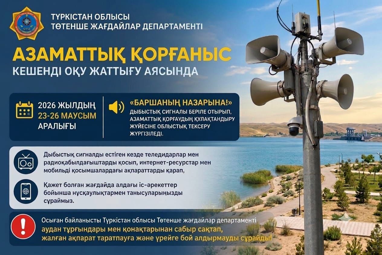 «Азаматтық қорғаныс» кешенді оқу-жаттығуы аясында 2026 жылы 23-26 маусым күні аралығында Түркістан облысының аумағында «Баршаның назарына!» бірыңғай ескерту сигналы беріле отырып, азаматтық қорғаудың құлақтандыру жүйесіне кешенді облыстық тексеру жүргізіледі.