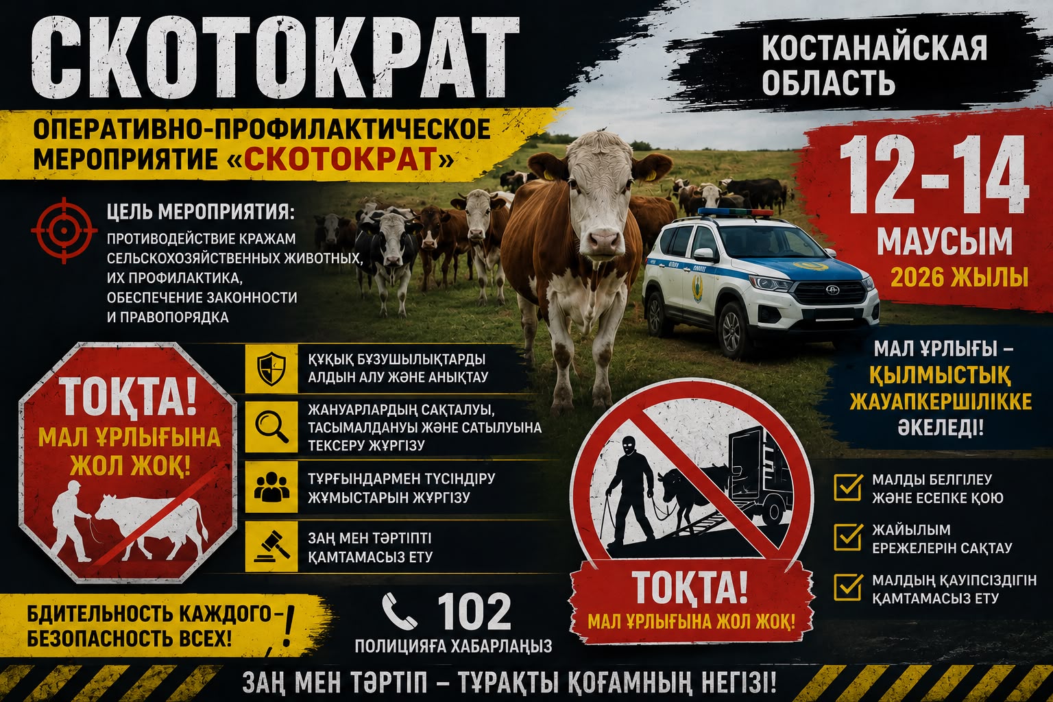 В Костанайской области пройдет ОПМ «Скотокрад» c 12/06/2026 по 14/06/2026