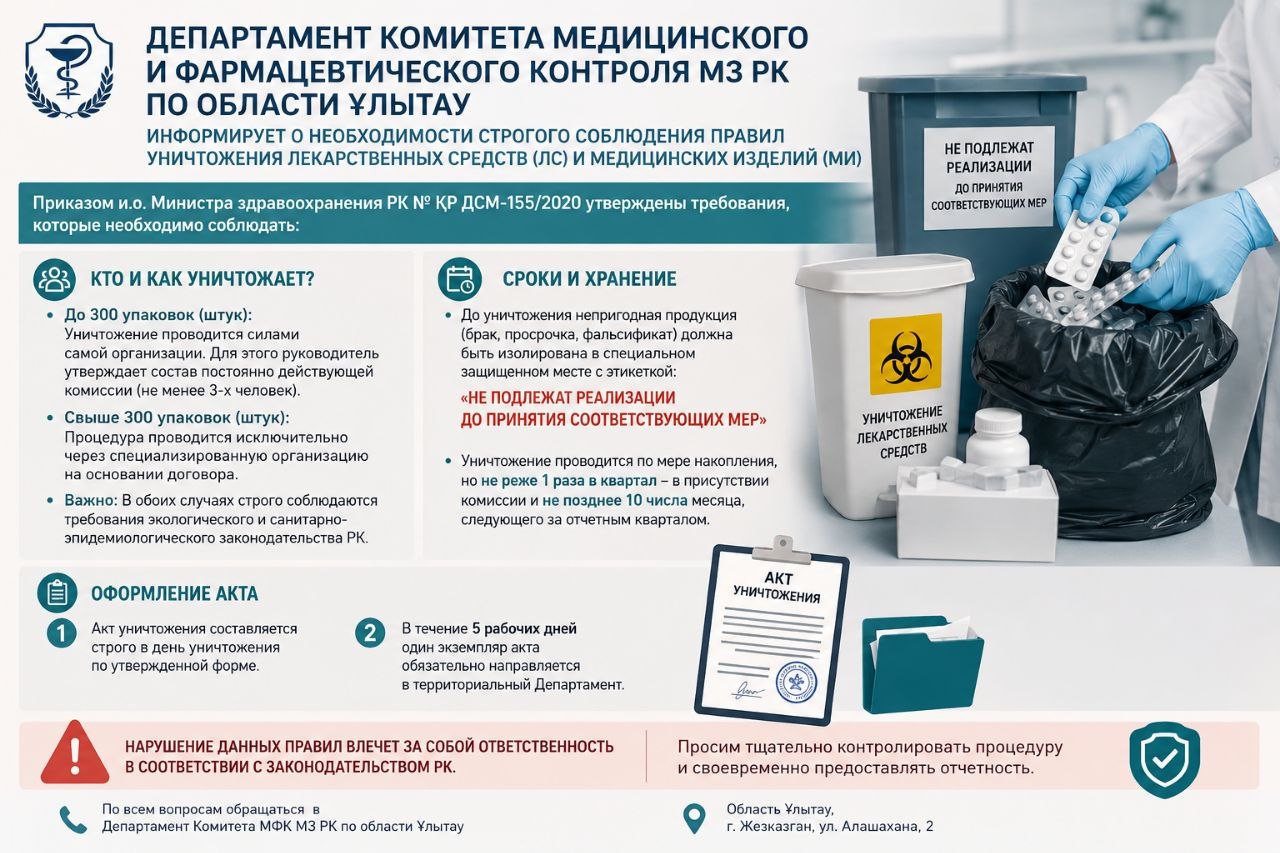 Департамент Комитета медицинского и фармацевтического контроля МЗ РК по области Ұлытау информирует о необходимости строгого соблюдения правил уничтожения лекарственных средств (ЛС) и медицинских изделий (МИ)