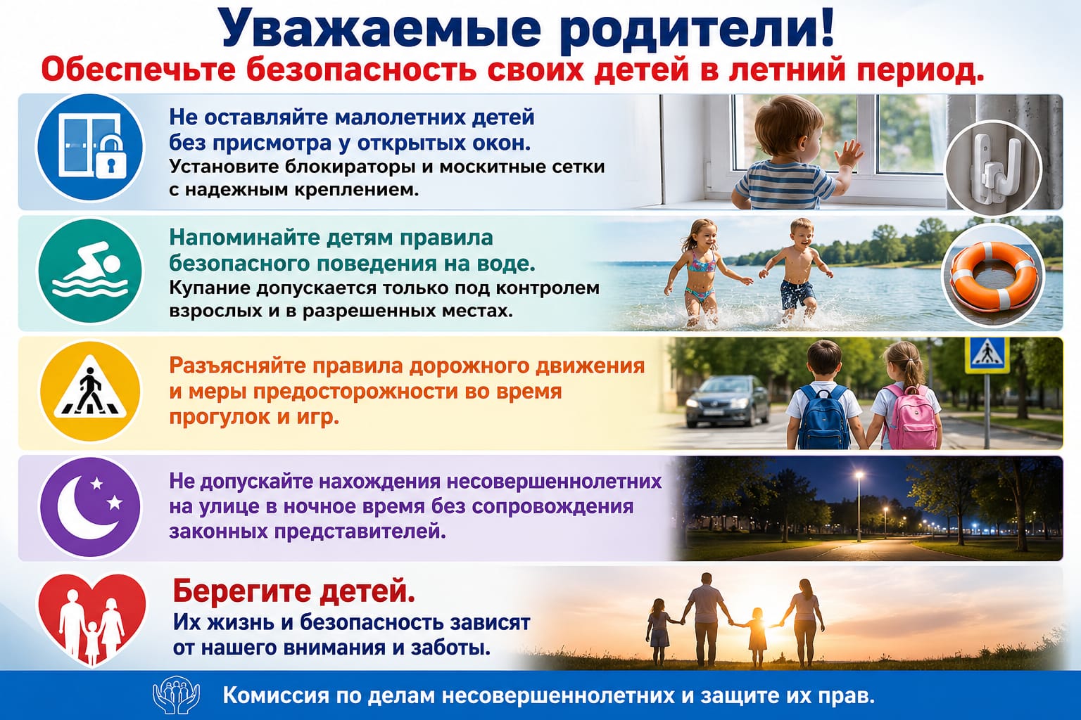 Уважаемые родители! Обеспечьте безопасность своих детей в летний период. Не оставляйте малолетних детей без присмотра у открытых окон. Установите блокираторы и москитные сетки с надежным креплением. Напоминайте детям правила безопасного поведения на воде. Купание допускается только под контролем взрослых и в разрешенных местах. Разъясняйте правила дорожного движения и меры предосторожности во время прогулок и игр. Не допускайте нахождения несовершеннолетних на улице в ночное время без сопровождения законных представителей. Берегите детей. Их жизнь и безопасность зависят от нашего внимания и заботы. Комиссия по делам несовершеннолетних и защите их прав.