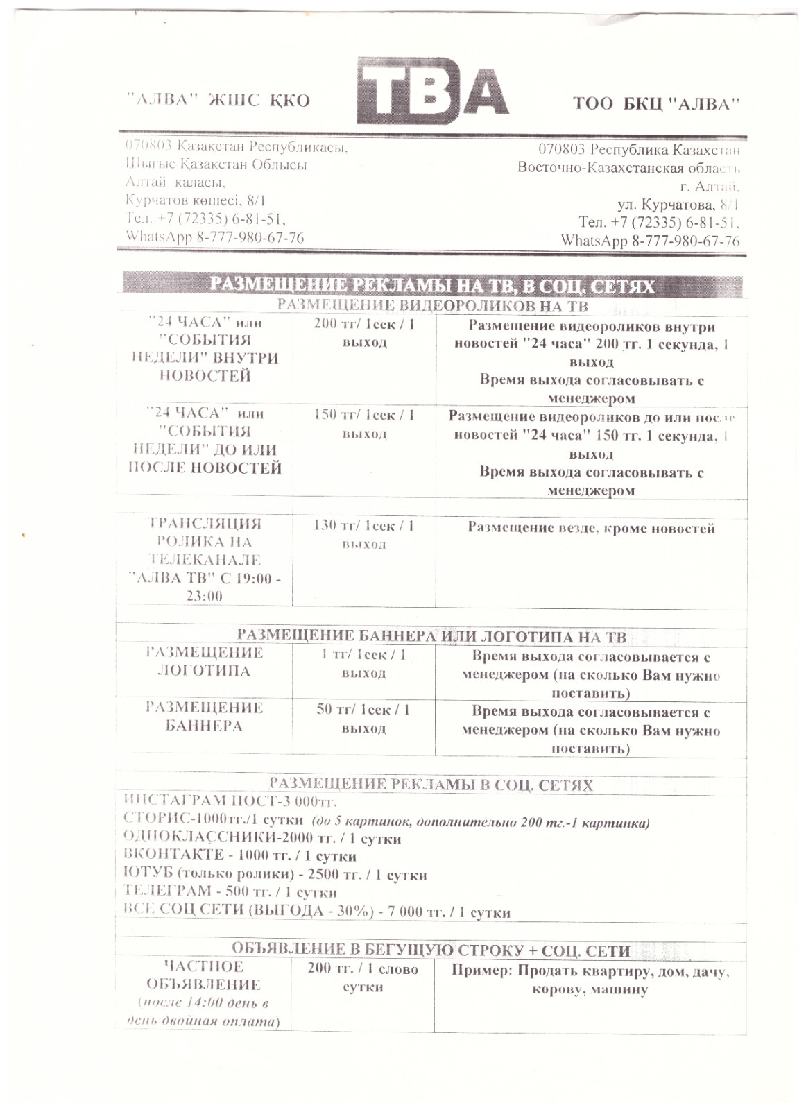 Прайсы сми