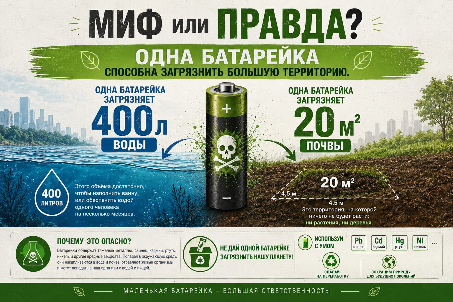 МИФ ИЛИ ПРАВДА? ОДНА БАТАРЕЙКА СПОСОБНА ЗАГРЯЗНИТЬ БОЛЬШУЮ ТЕРРИТОРИЮ.