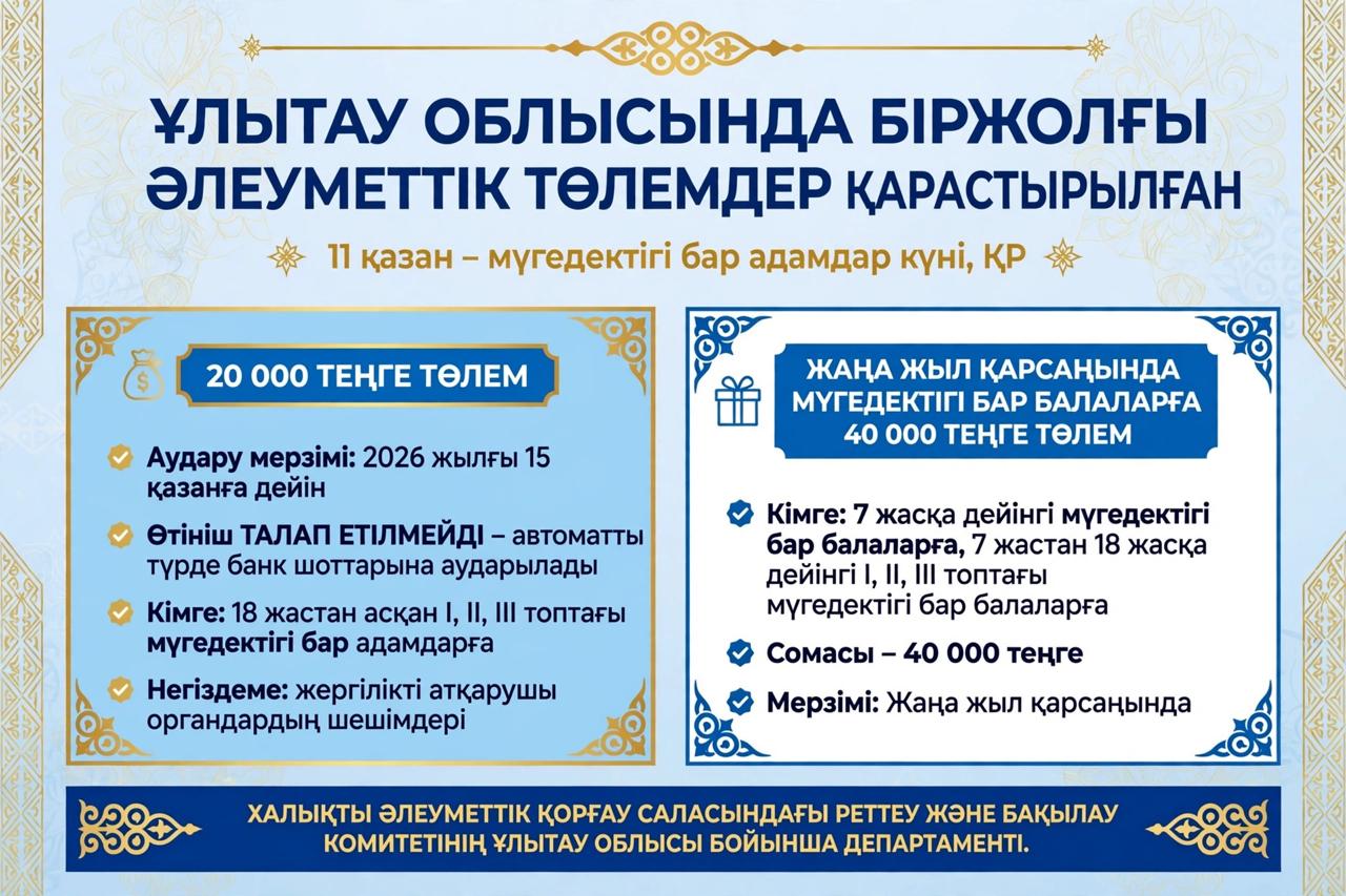 В области Ұлытау предусмотрены единовременные социальные выплаты