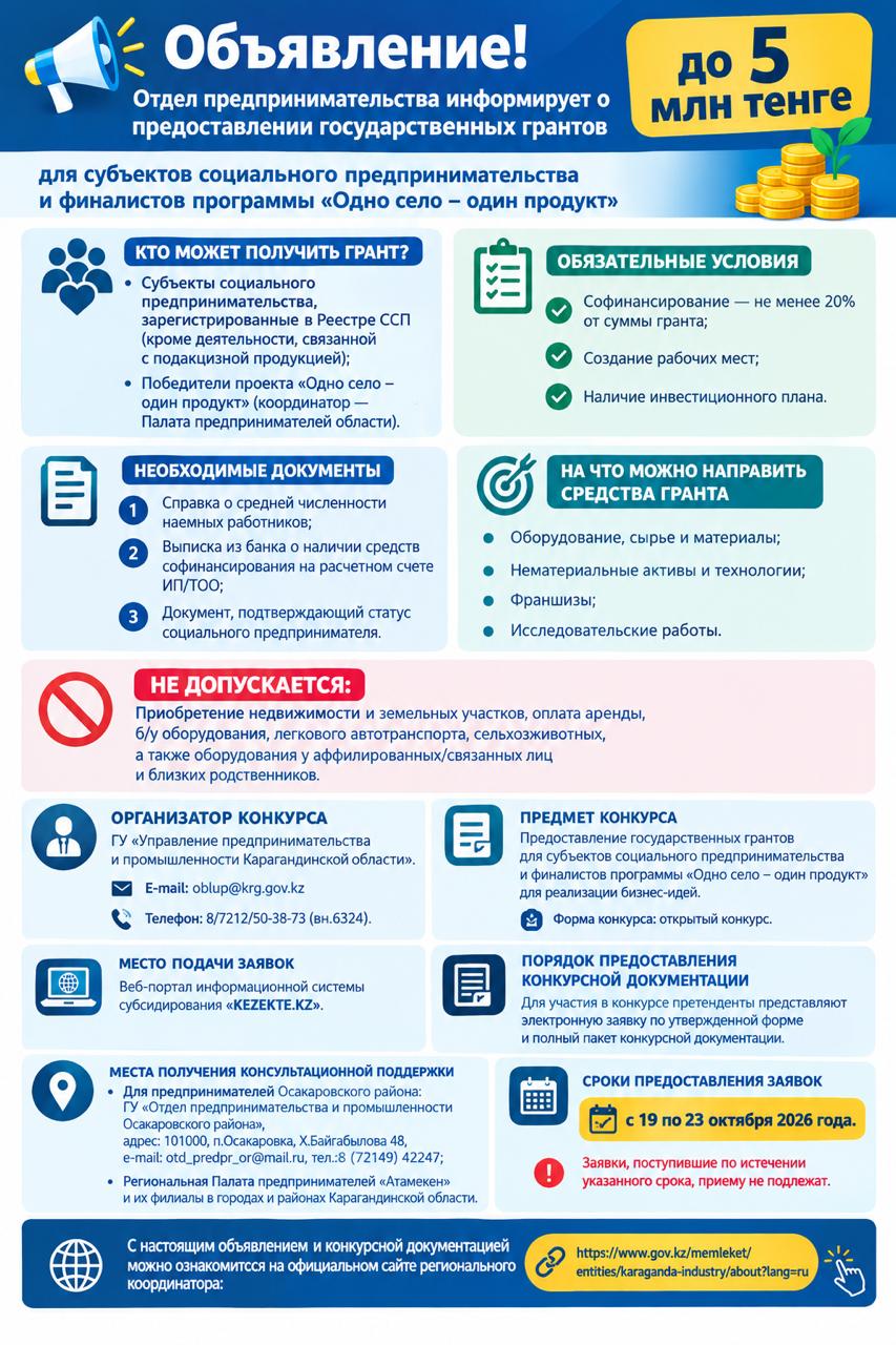 📢 Уважаемые предприниматели!  Отдел предпринимательства информирует о предоставлении государственных грантов до 5 млн тенге